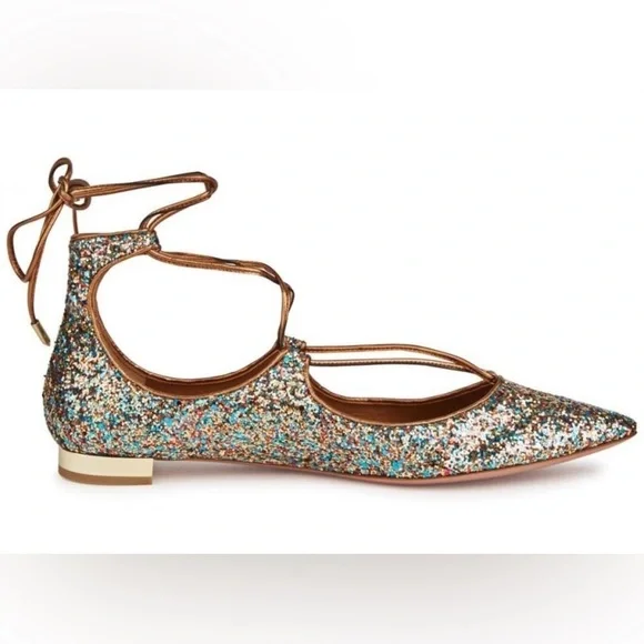 AQUAZZURA Firenze Christy Glittered Leather Flats, size 37 (6 US) - Picture 3 of 9